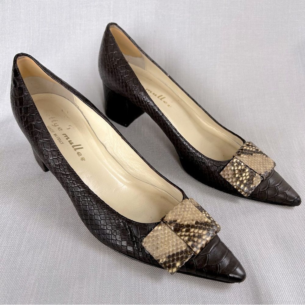 BETTYE MULLER LADIES HEELS SHOES 40 BROWN PYTHON LEATHER TEXTURED BOW POINTY
